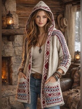 Lucky Brand Southwestern Knit Hooded Cardigan Open Front Boho Cozy Size L cabin